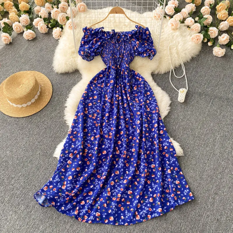 Fresh French Retro Fairy Slimming Floral Dress High Waist Drawstring Pleat and Waisted Figure Flattering Wide Hem Long Dress
