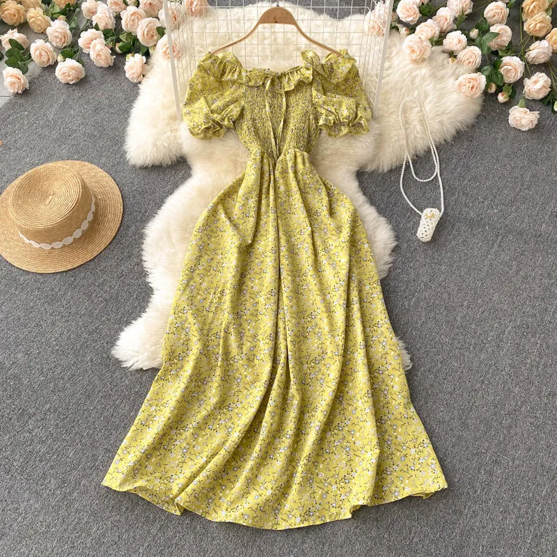 Fresh French Retro Fairy Slimming Floral Dress High Waist Drawstring Pleat and Waisted Figure Flattering Wide Hem Long Dress
