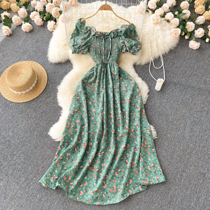 Fresh French Retro Fairy Slimming Floral Dress High Waist Drawstring Pleat and Waisted Figure Flattering Wide Hem Long Dress