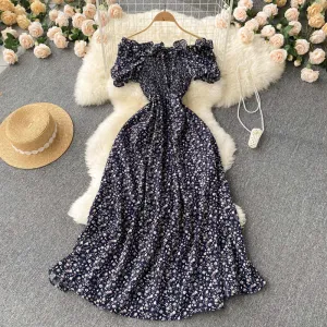 Fresh French Retro Fairy Slimming Floral Dress High Waist Drawstring Pleat and Waisted Figure Flattering Wide Hem Long Dress