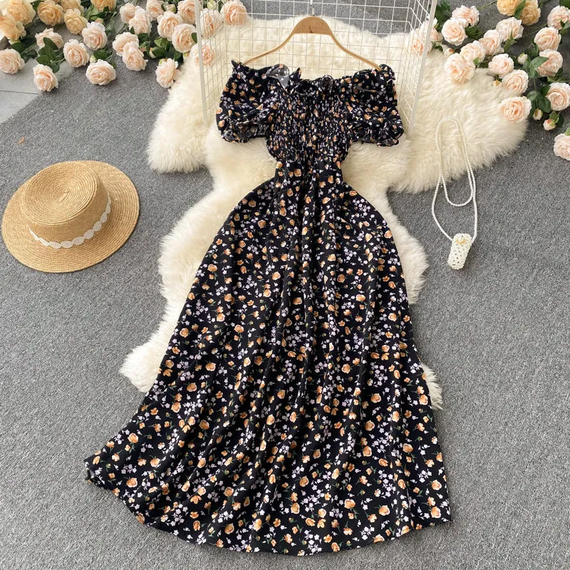 Fresh French Retro Fairy Slimming Floral Dress High Waist Drawstring Pleat and Waisted Figure Flattering Wide Hem Long Dress