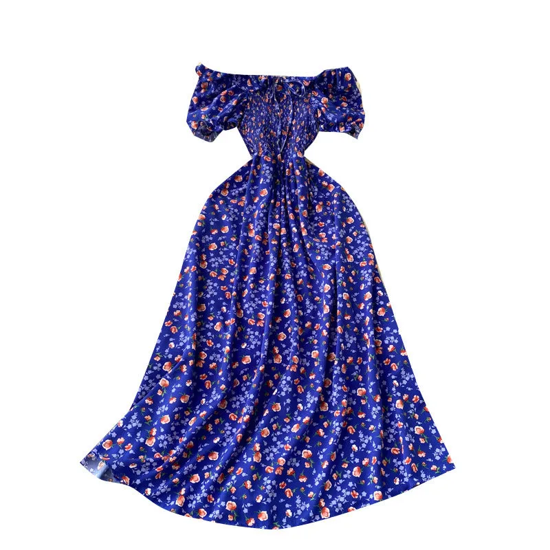 Fresh French Retro Fairy Slimming Floral Dress High Waist Drawstring Pleat and Waisted Figure Flattering Wide Hem Long Dress