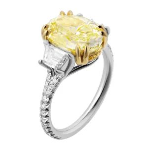 GIA Certified 3 Stone Ring with Fancy Light Yellow Oval Diamond