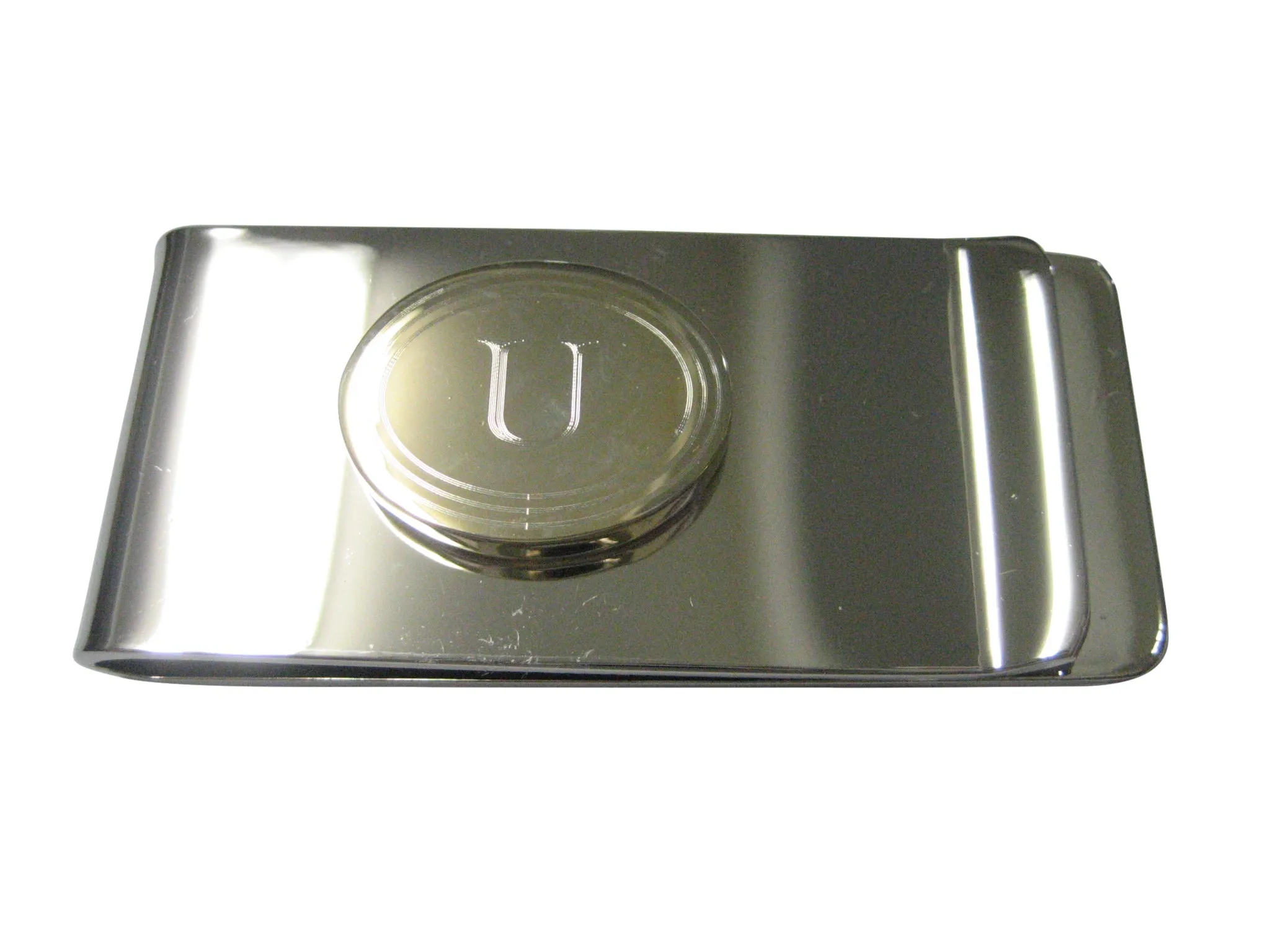 Gold Toned Etched Oval Letter U Monogram Money Clip