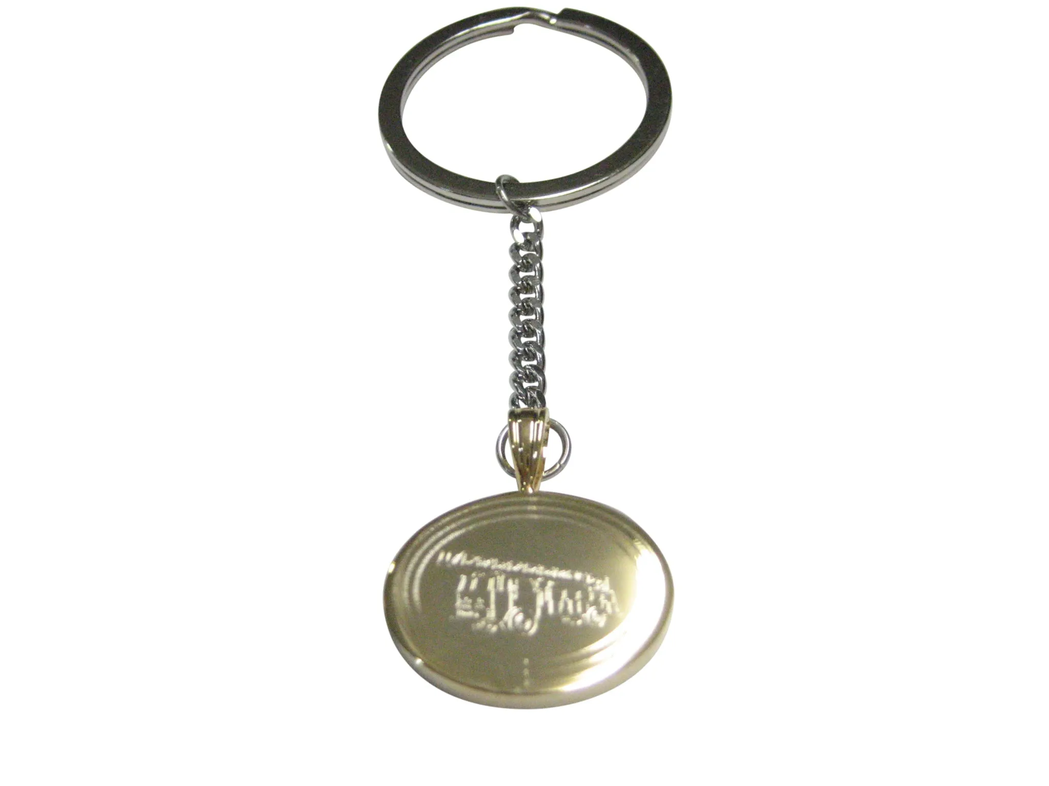 Gold Toned Etched Oval Sleek Fire Truck with Ladder Pendant Keychain