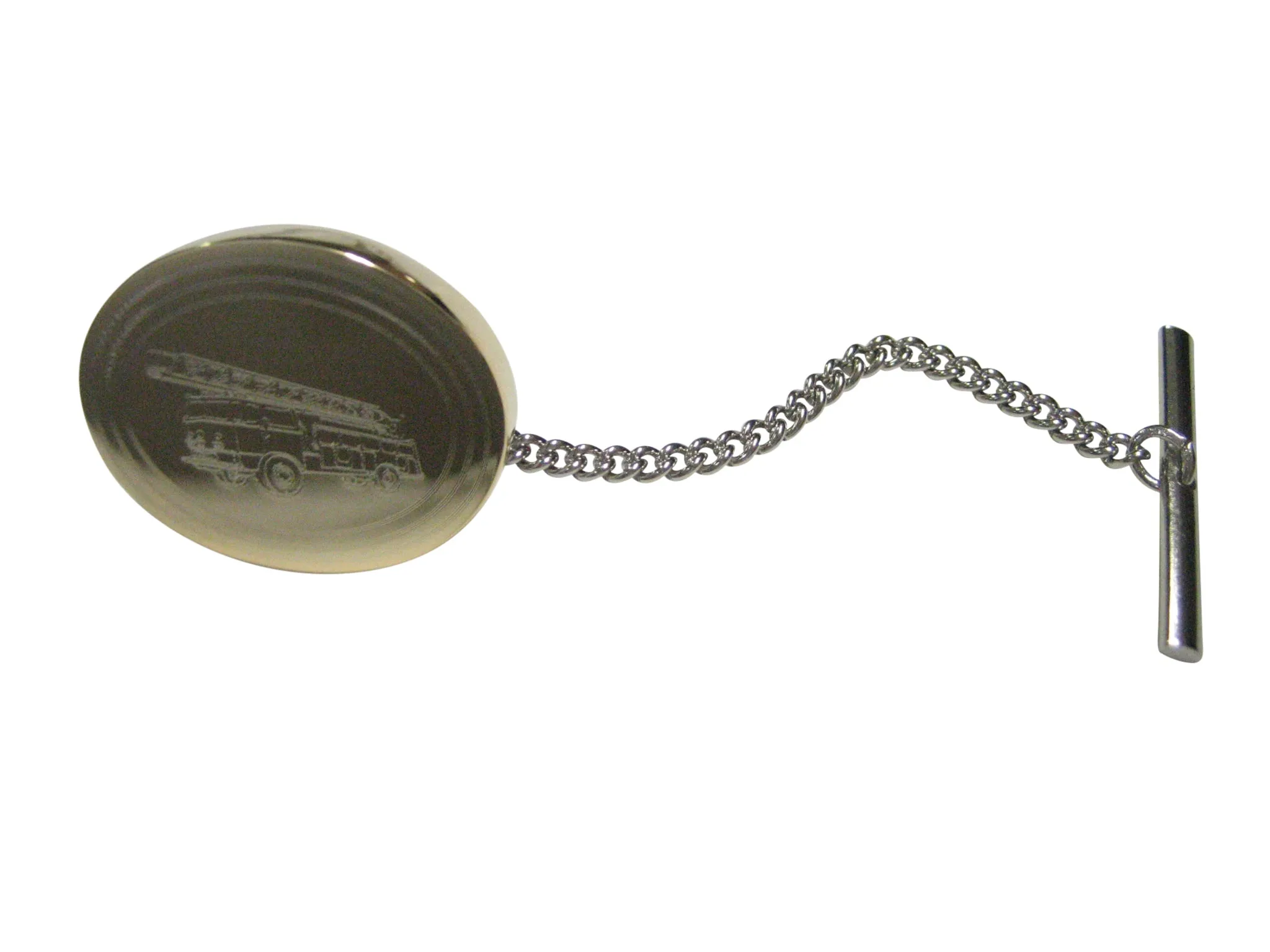 Gold Toned Etched Oval Sleek Fire Truck with Ladder Tie Tack