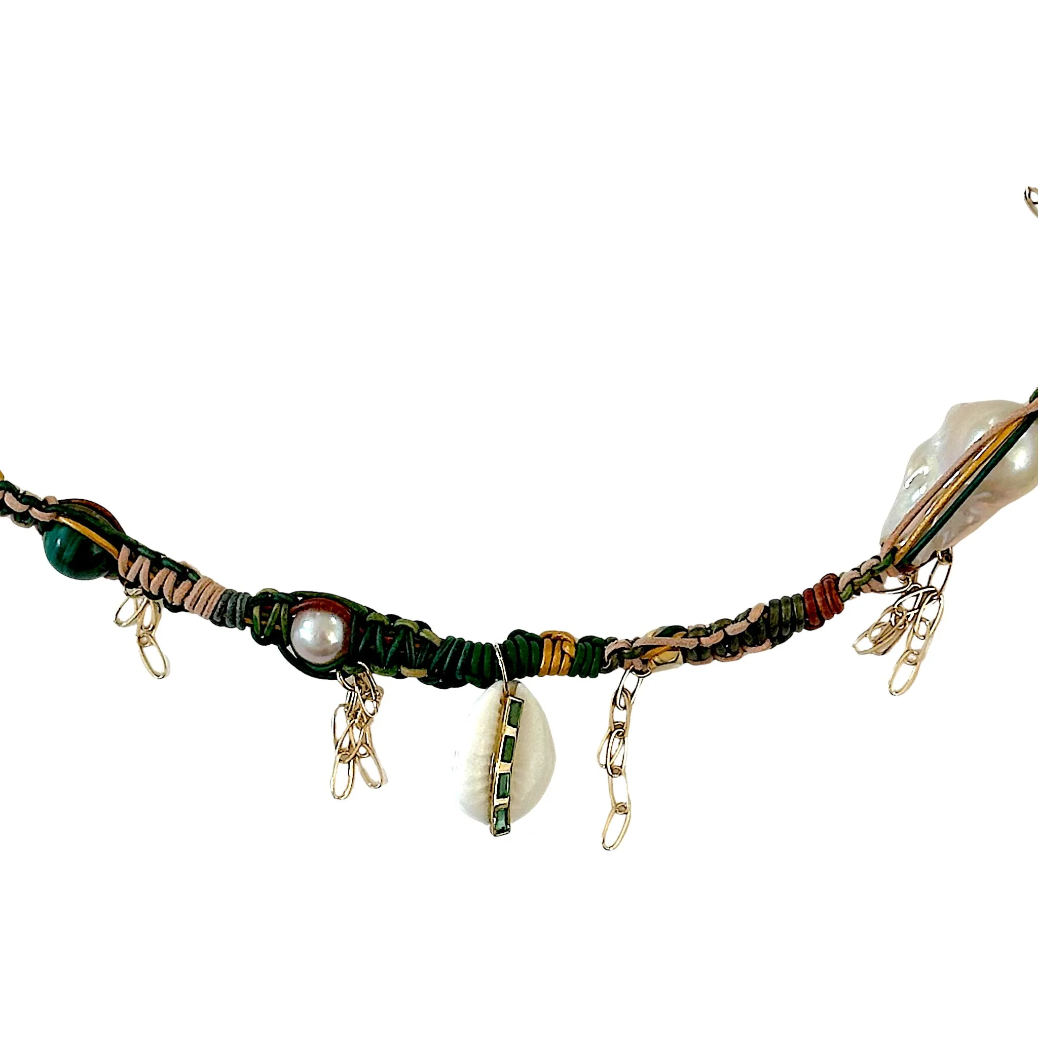 Golden Emerald Cowrie Shell Leather Rockstar Necklace