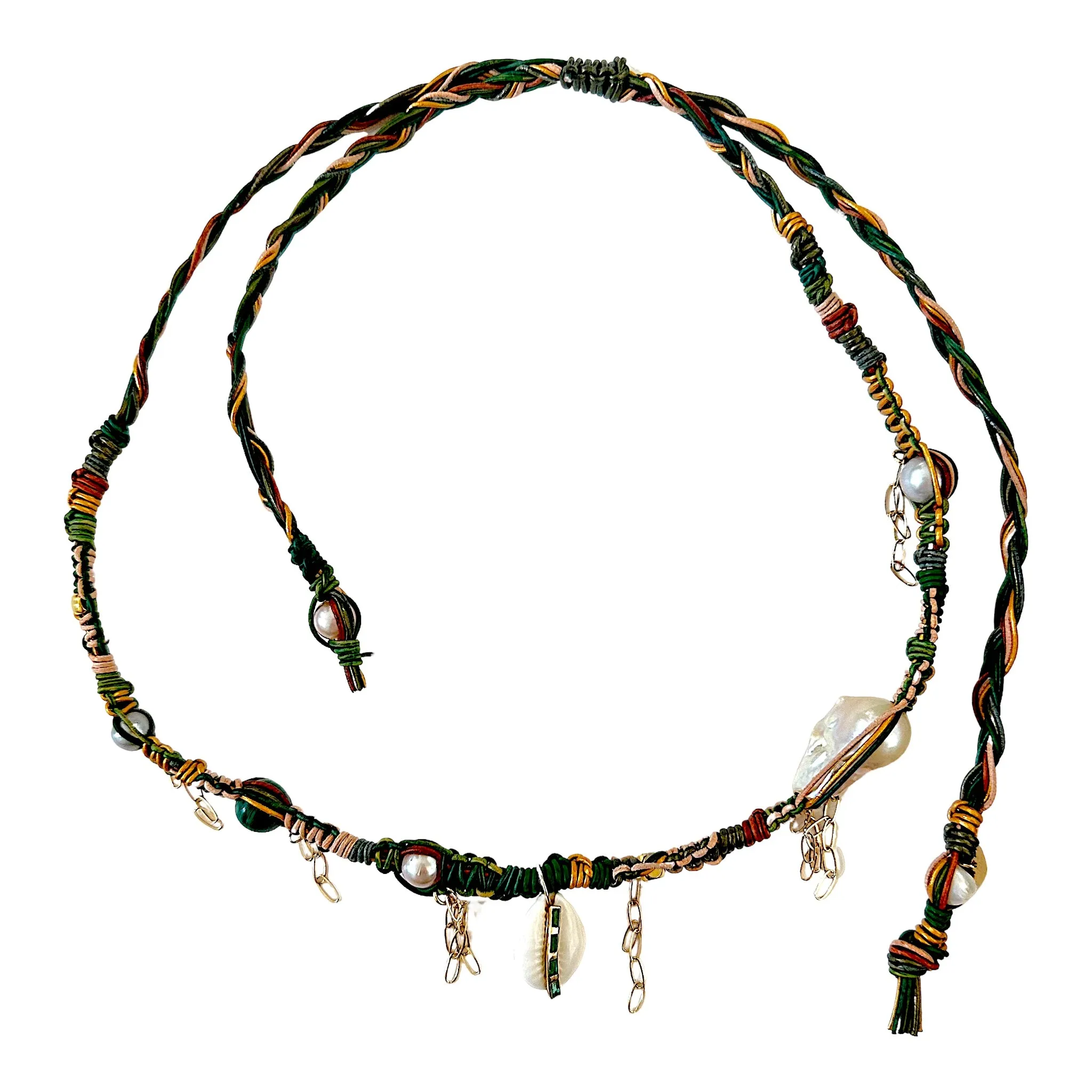 Golden Emerald Cowrie Shell Leather Rockstar Necklace
