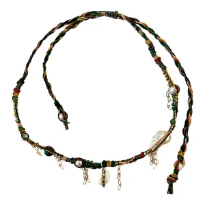Golden Emerald Cowrie Shell Leather Rockstar Necklace