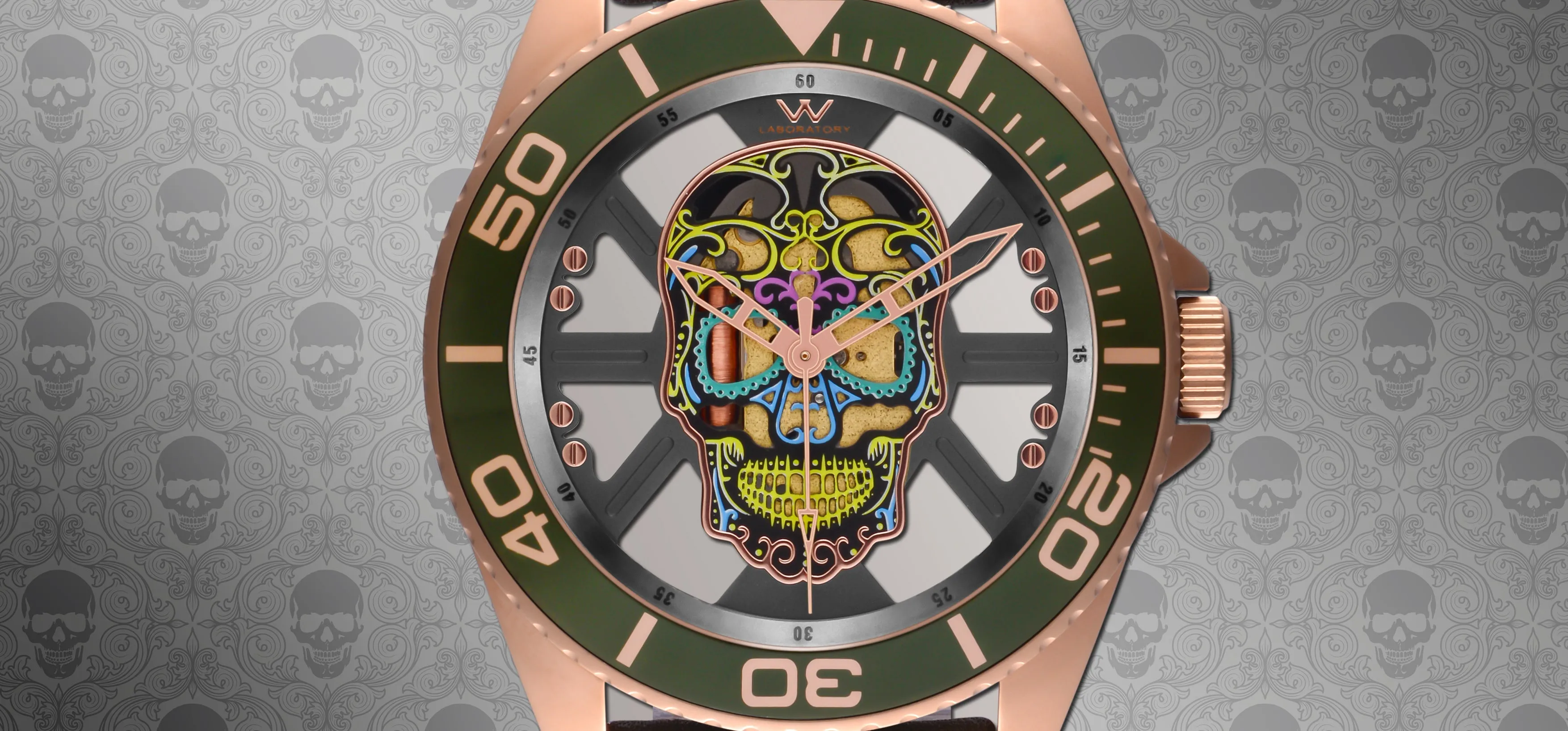 Hallow SKULL face watch - Rose Gold  / Green