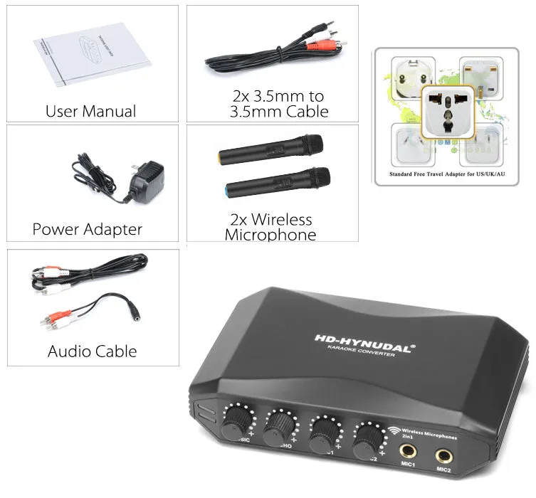 HD-Hynudal Karaoke Machine - Echo Mixer, Two Wireless Mics, YAMAHA Chipset, Supports Phone   PC