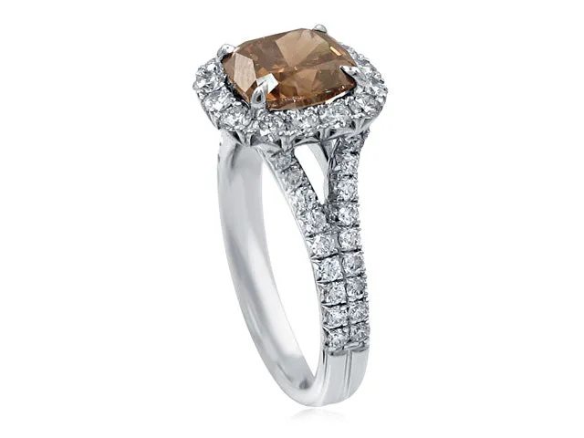 Henri Daussi 2.19ct  Fancy Dark Orange Brown Cushion Cut Halo  Diamond Engagement Ring