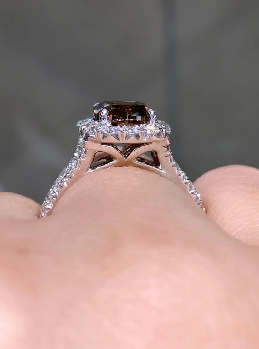 Henri Daussi 2.19ct  Fancy Dark Orange Brown Cushion Cut Halo  Diamond Engagement Ring