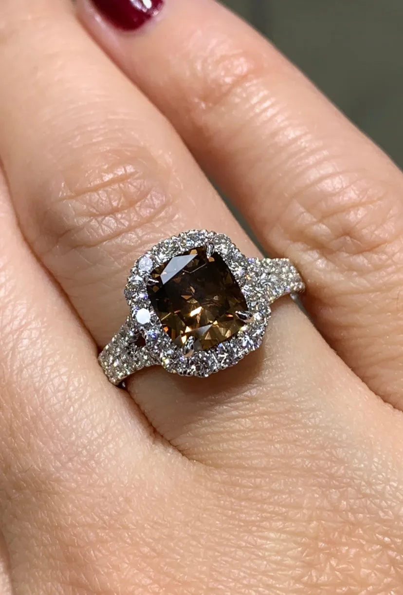 Henri Daussi 2.19ct  Fancy Dark Orange Brown Cushion Cut Halo  Diamond Engagement Ring