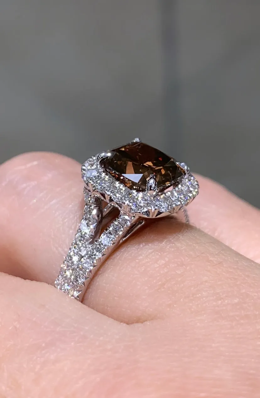 Henri Daussi 2.19ct  Fancy Dark Orange Brown Cushion Cut Halo  Diamond Engagement Ring