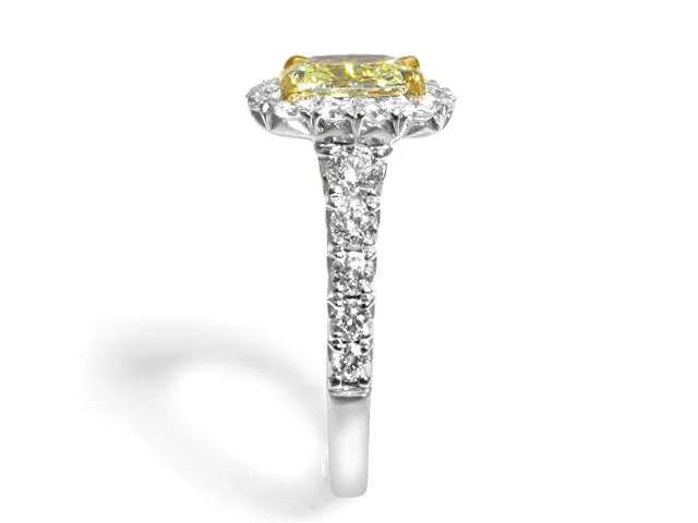 Henri Daussi Engagement Ring Fancy Yellow  Cushion  Center 1.10ct  GIA Certified Pave 1.11ct