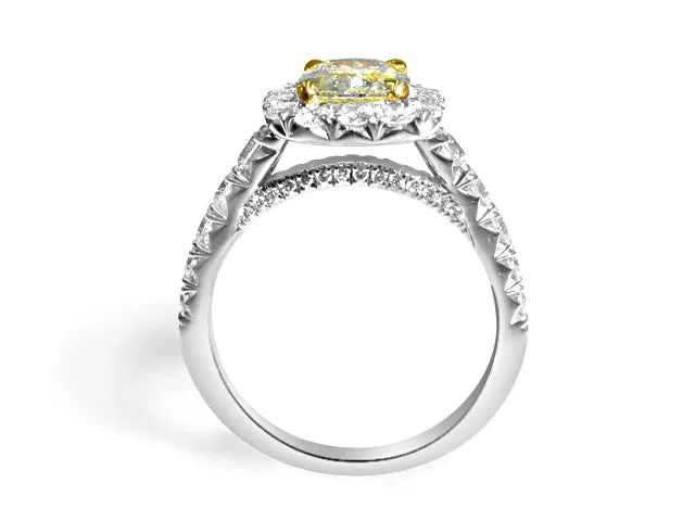 Henri Daussi Engagement Ring Fancy Yellow  Cushion  Center 1.10ct  GIA Certified Pave 1.11ct