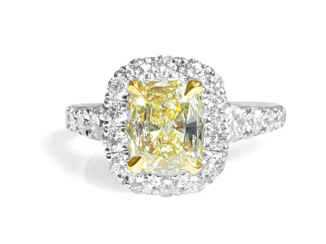 Henri Daussi Engagement Ring Fancy Yellow  Cushion  Center 1.10ct  GIA Certified Pave 1.11ct