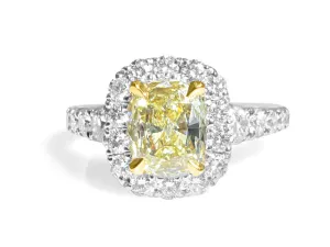 Henri Daussi Engagement Ring Fancy Yellow  Cushion  Center 1.10ct  GIA Certified Pave 1.11ct