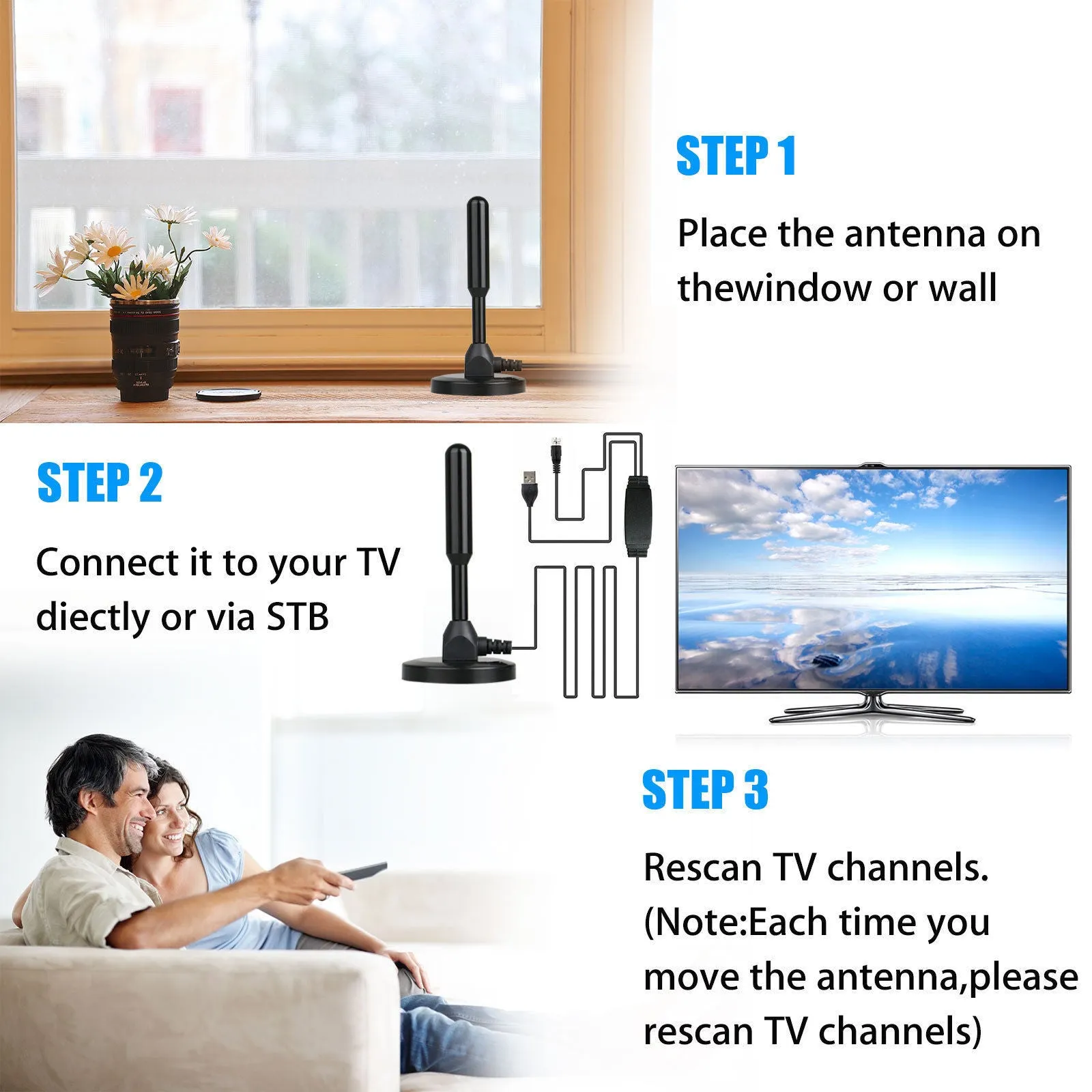 Indoor Digital HDTV TV Antenna Aerial Amplified 200 Mile Range VHF UHF Freeview