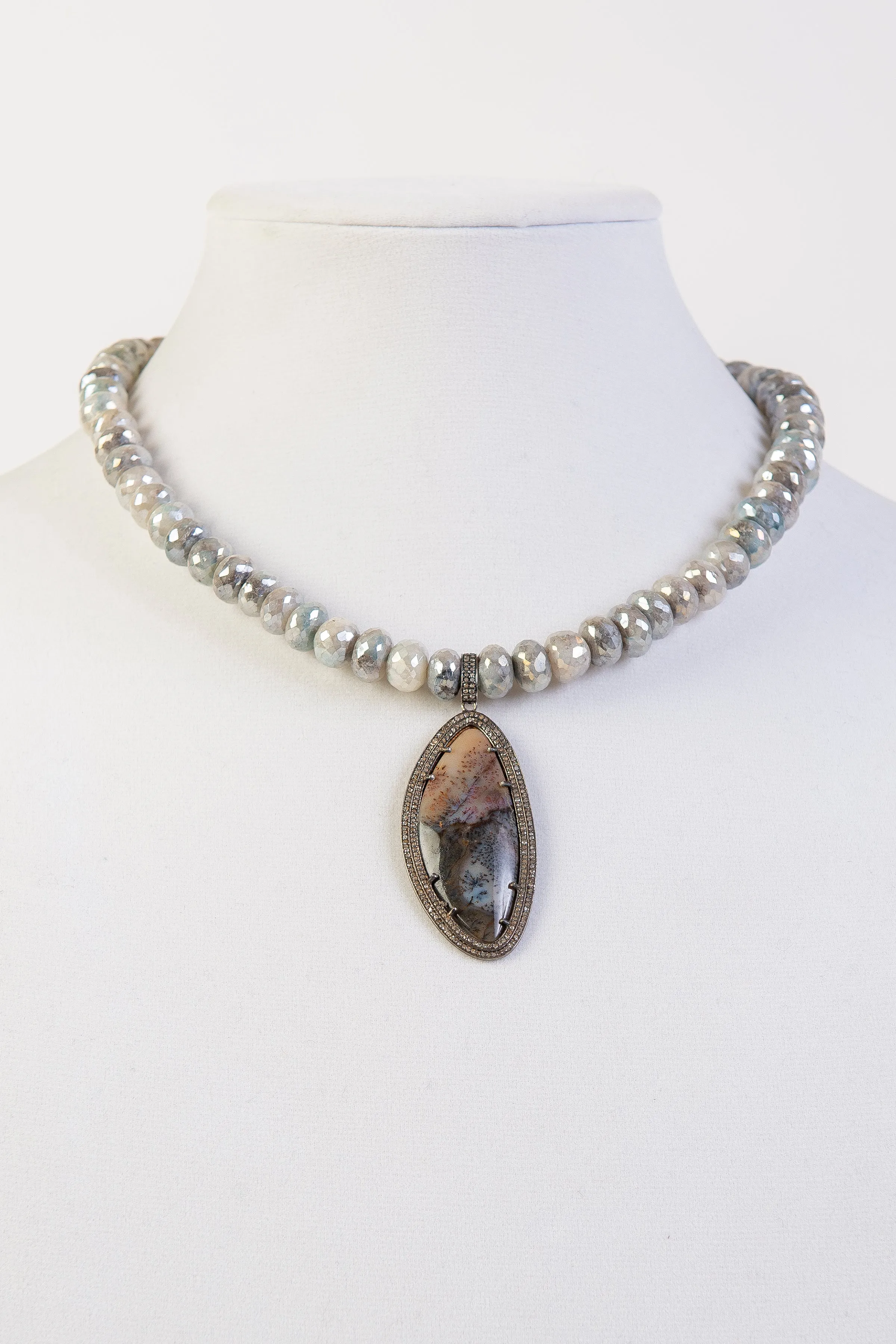 Jasper and pave diamond pendant on mystic moonstone