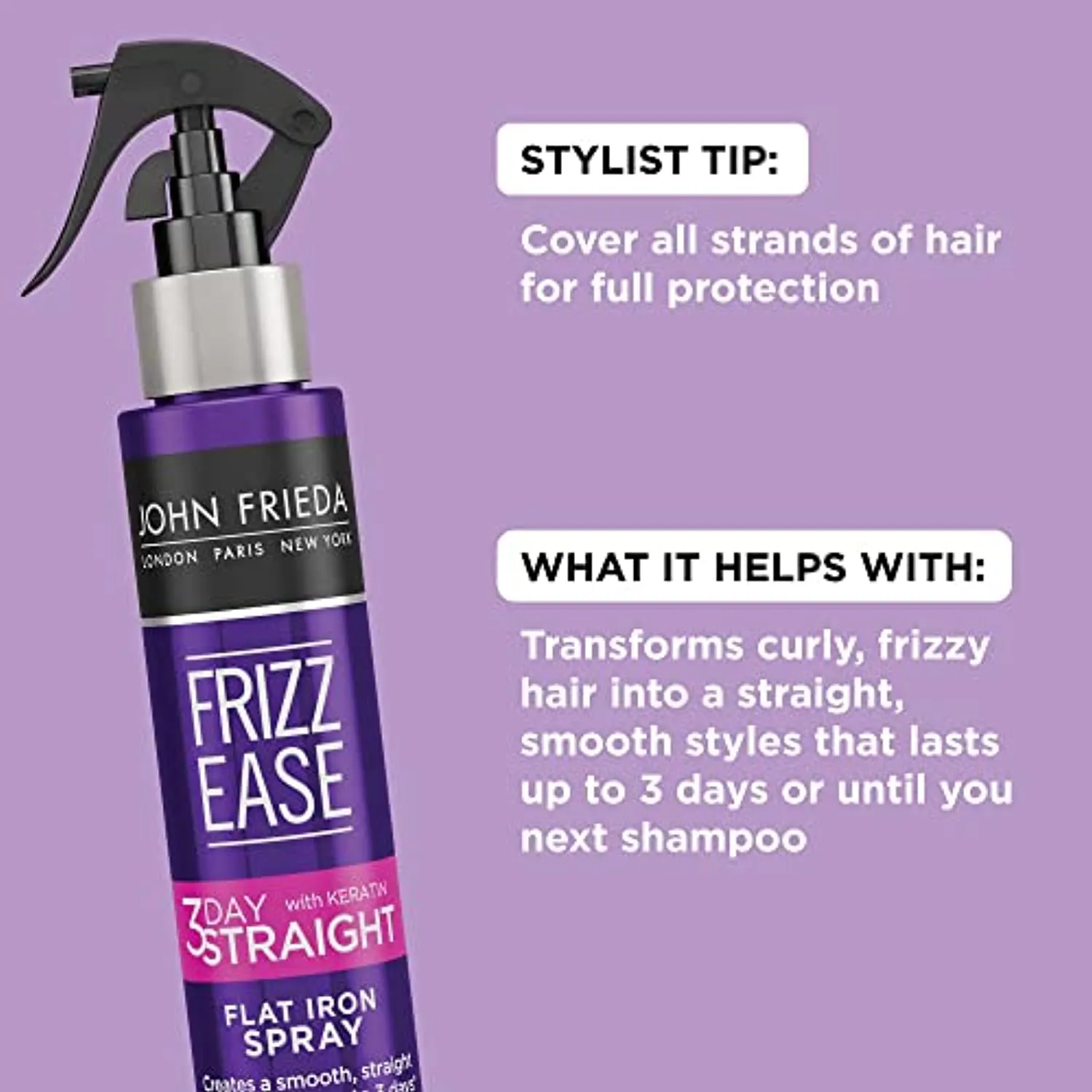 John Frieda Frizz Ease 3-day Flat Iron Spray, Keratin Infused Straightening Spray, Anti Frizz Heat Protectant for Curly Hair, 3.5 Ounce