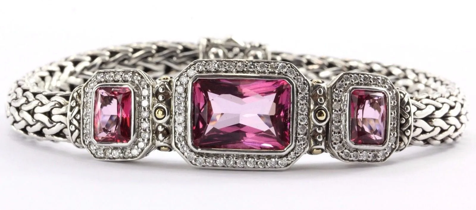 John Hardy 18K & Sterling BATU SARI Mystic Pink Topaz Diamond Bracelet Size M