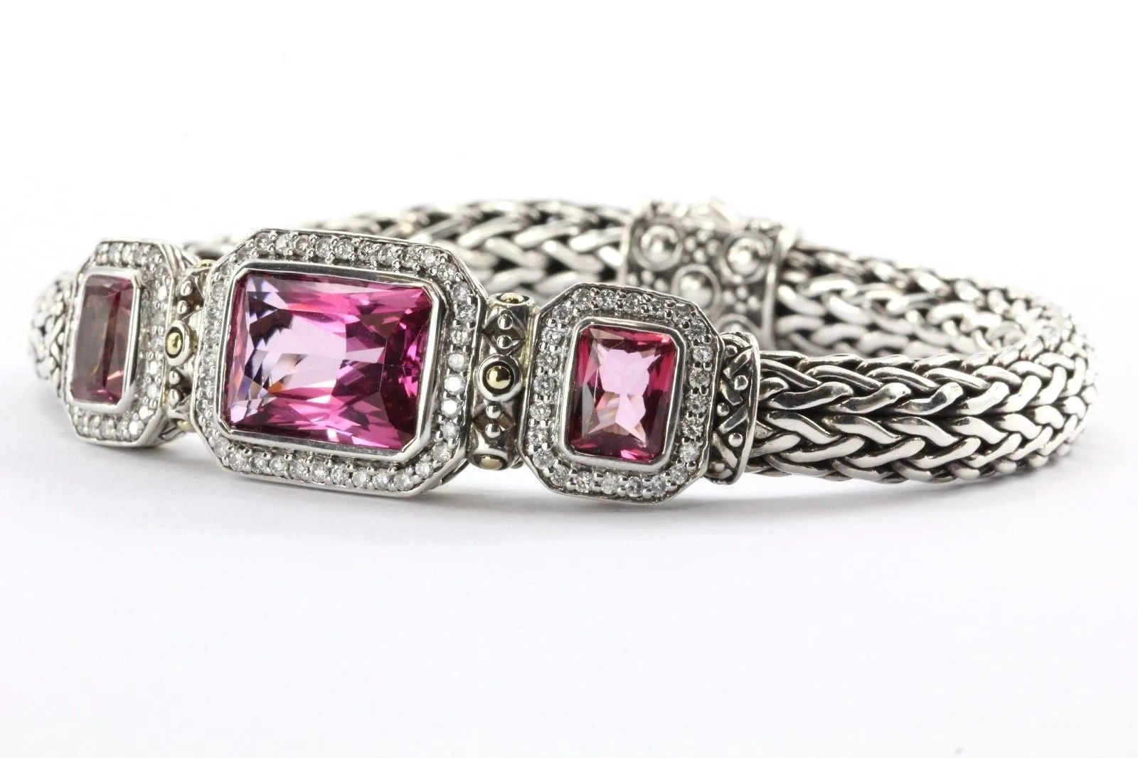 John Hardy 18K & Sterling BATU SARI Mystic Pink Topaz Diamond Bracelet Size M