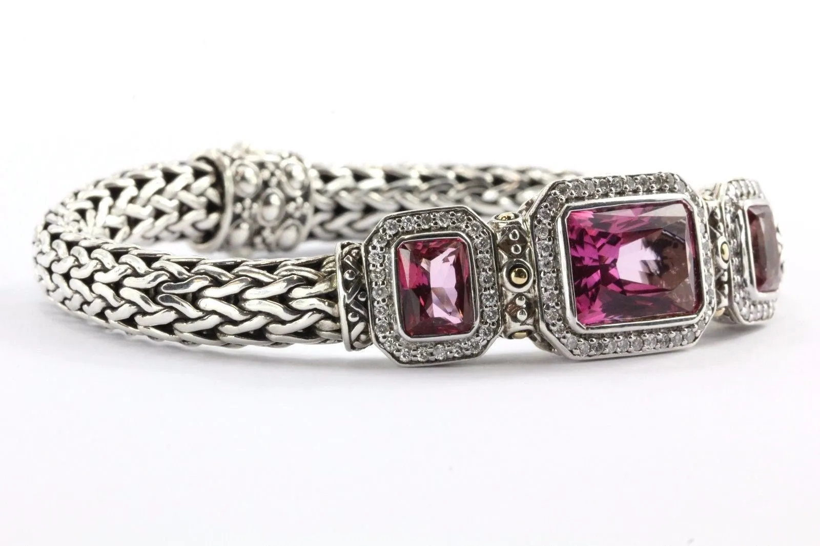 John Hardy 18K & Sterling BATU SARI Mystic Pink Topaz Diamond Bracelet Size M