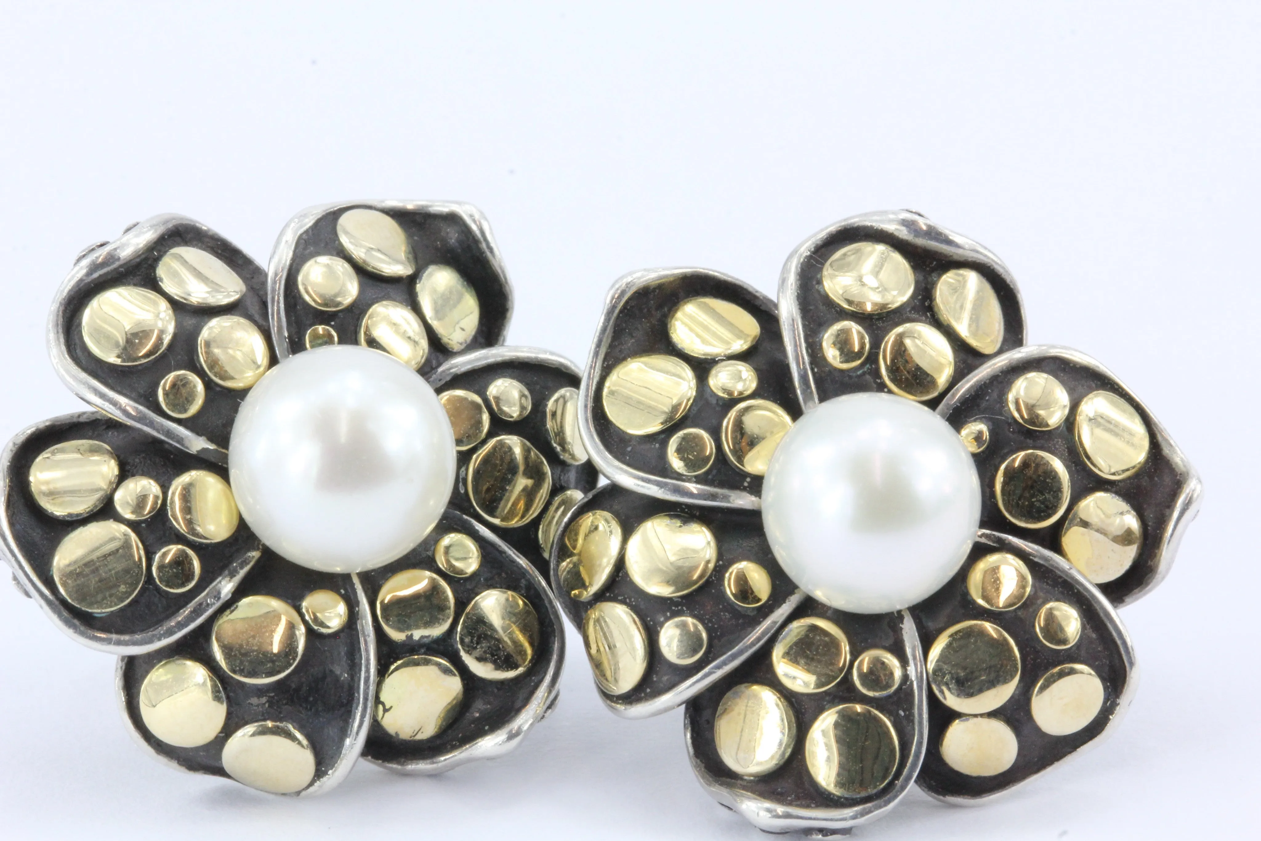 John Hardy 18K Gold Sterling Silver Pearl Flower Earrings