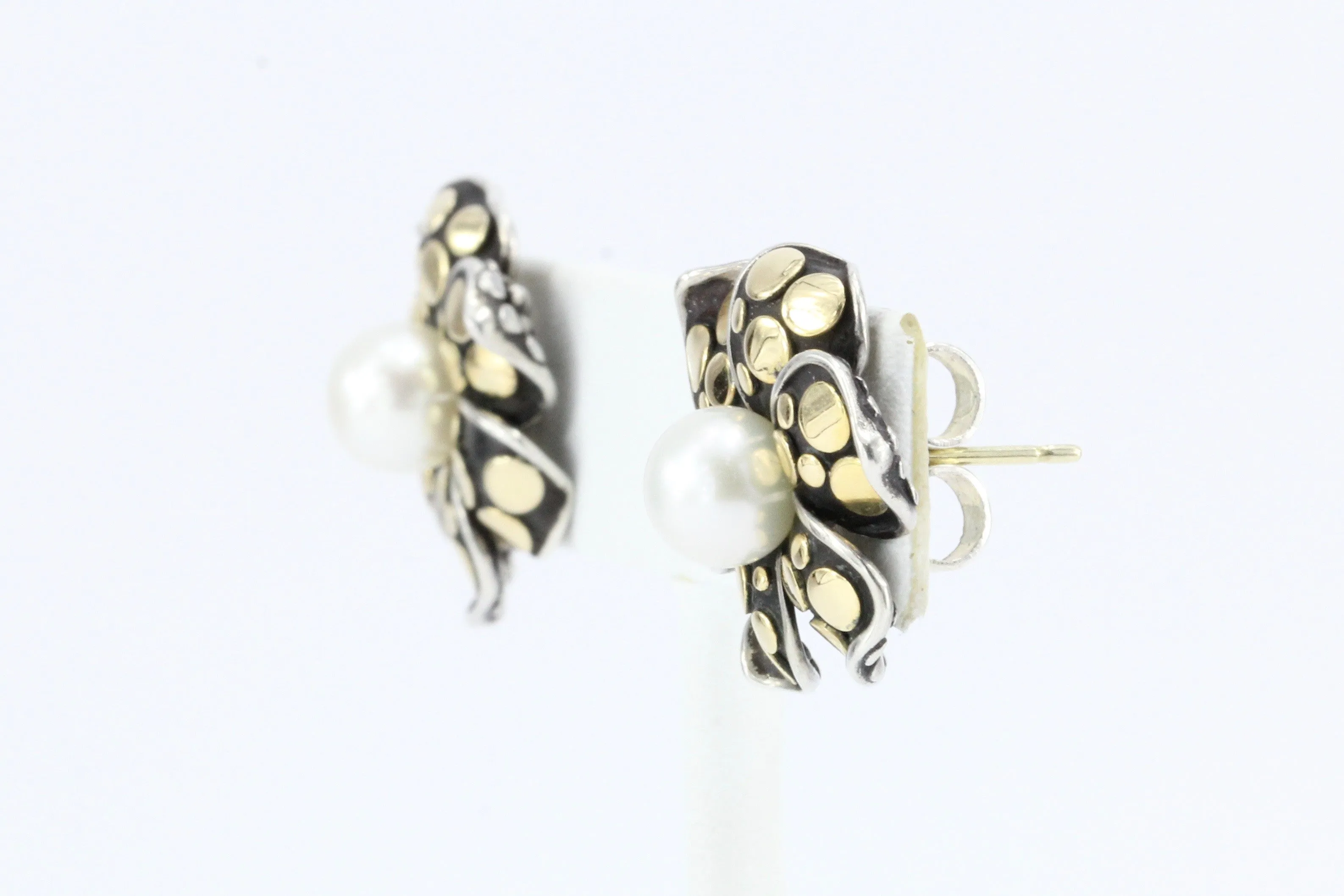 John Hardy 18K Gold Sterling Silver Pearl Flower Earrings
