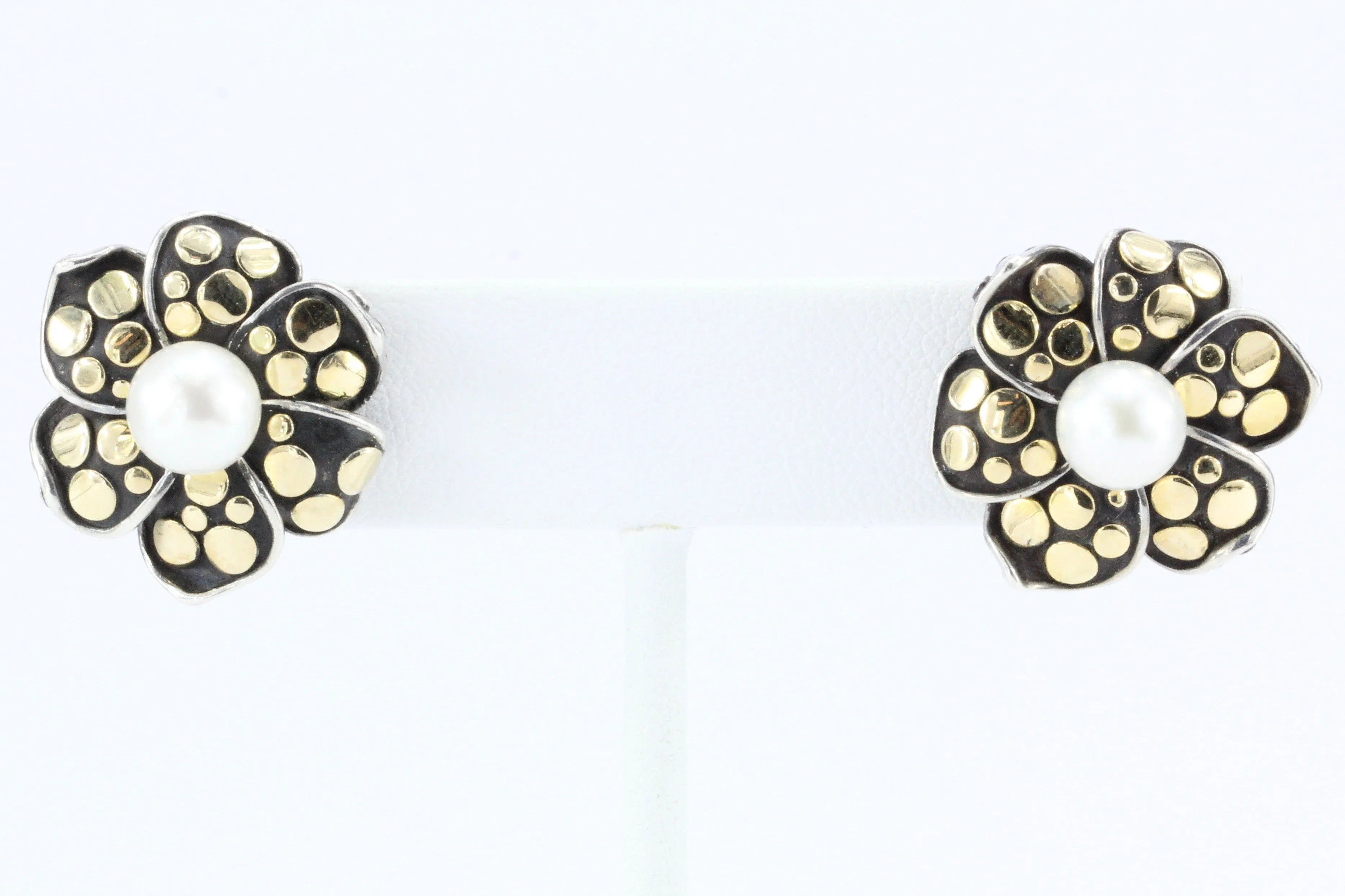 John Hardy 18K Gold Sterling Silver Pearl Flower Earrings