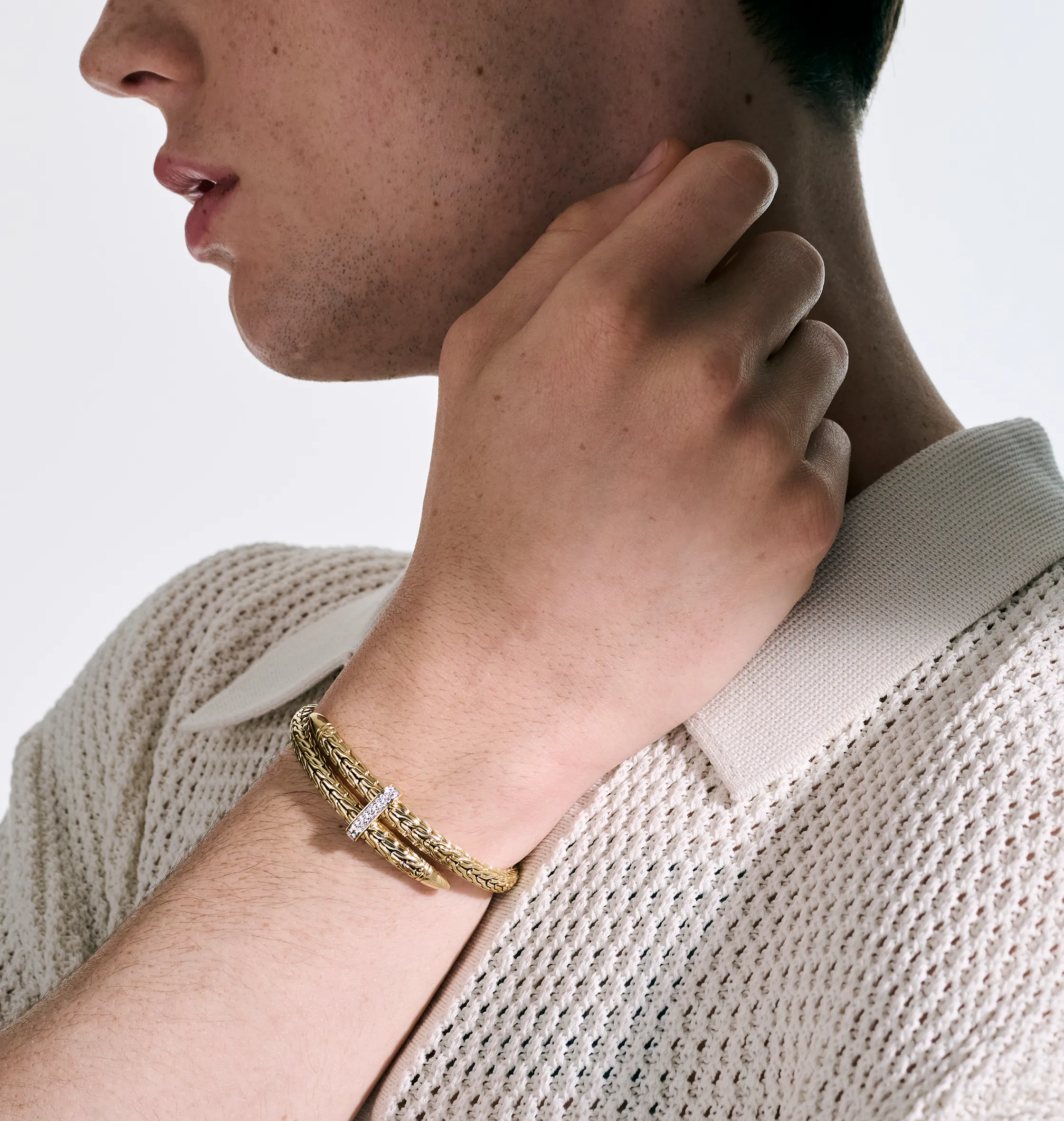 John Hardy Classic Chain Spear Gold Diamond Pave Bypass Flex Cuff