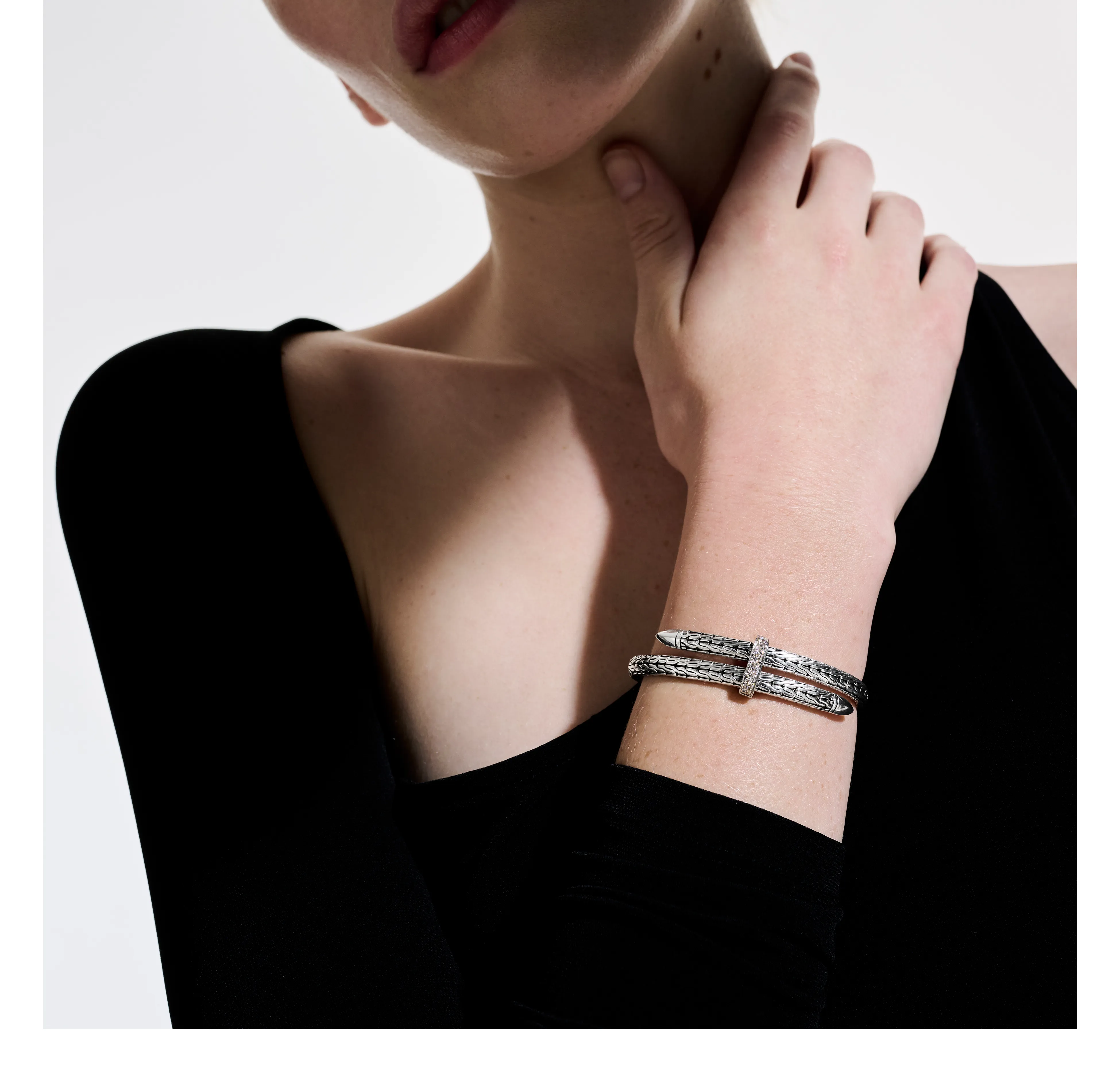 John Hardy Classic Chain Spear Silver Diamond Pave Bypass Flex Cuff