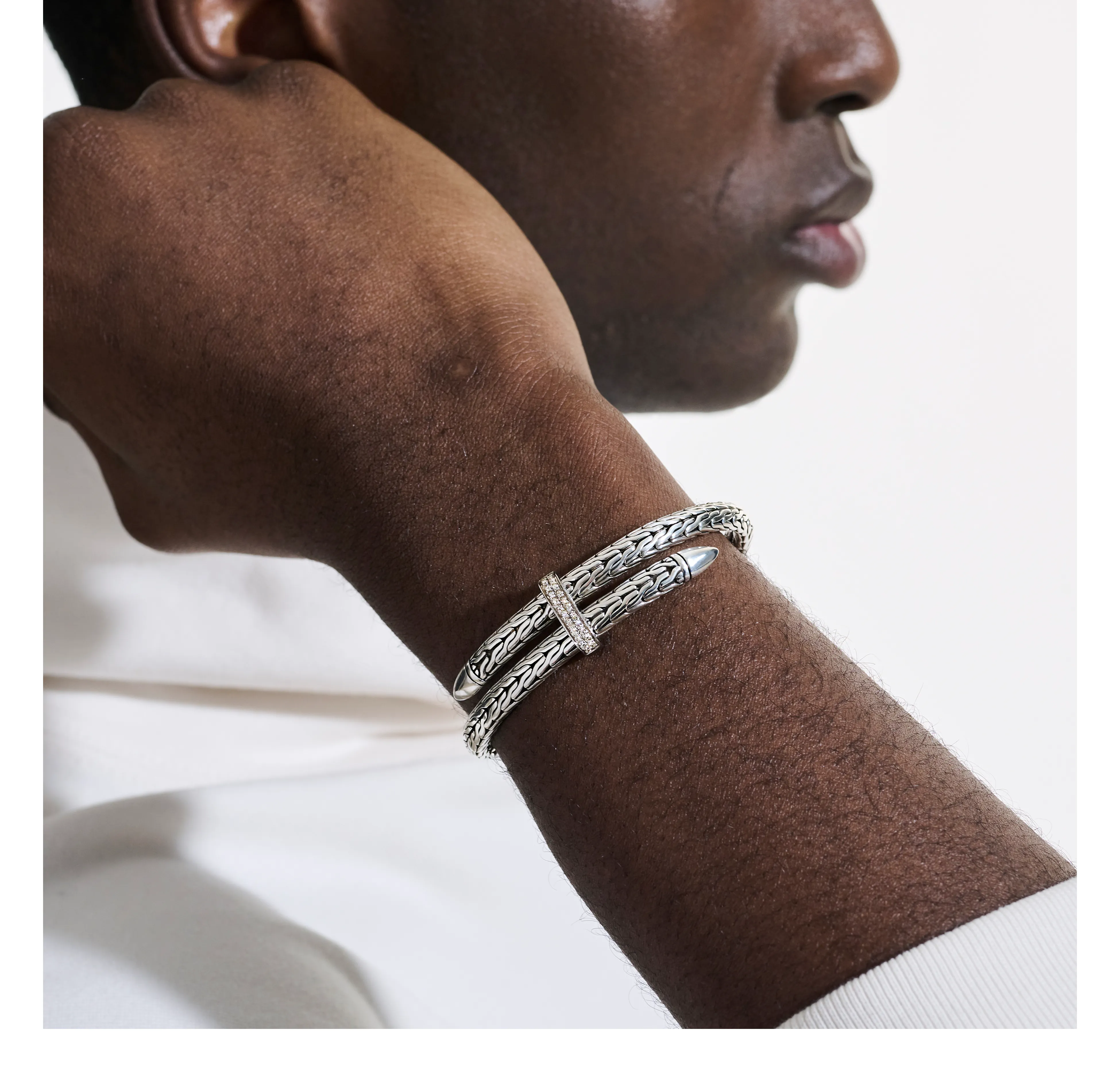 John Hardy Classic Chain Spear Silver Diamond Pave Bypass Flex Cuff