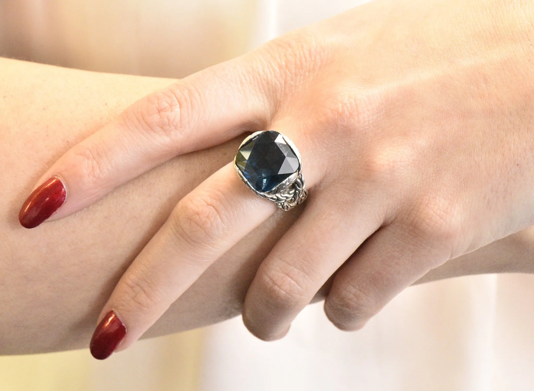John Hardy Cushion Cut London Blue Topaz Chain Sterling Silver Ring