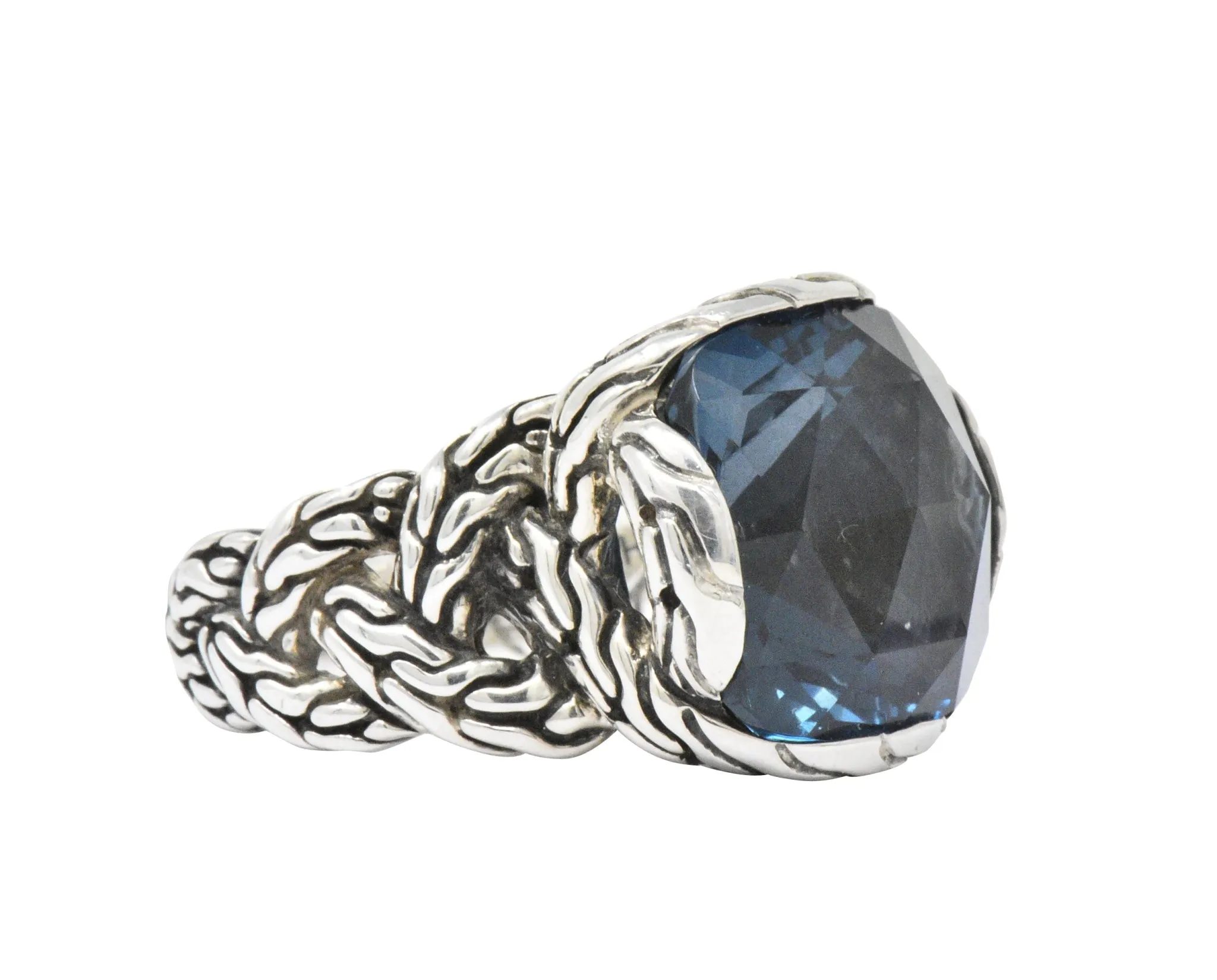 John Hardy Cushion Cut London Blue Topaz Chain Sterling Silver Ring