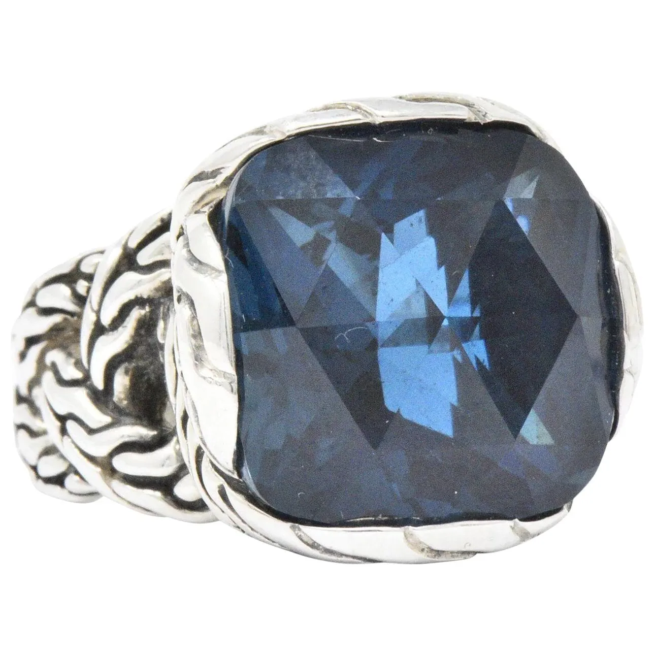 John Hardy Cushion Cut London Blue Topaz Chain Sterling Silver Ring