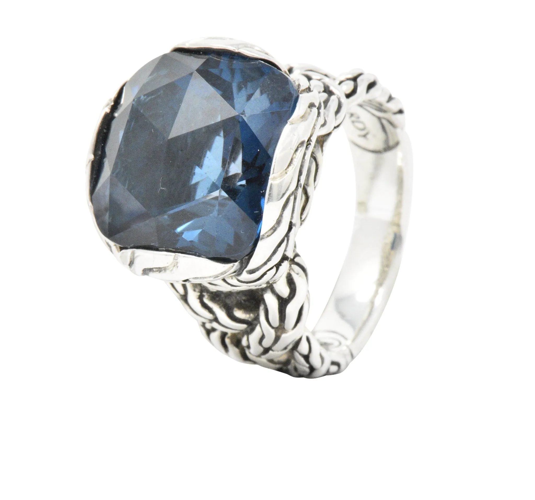 John Hardy Cushion Cut London Blue Topaz Chain Sterling Silver Ring