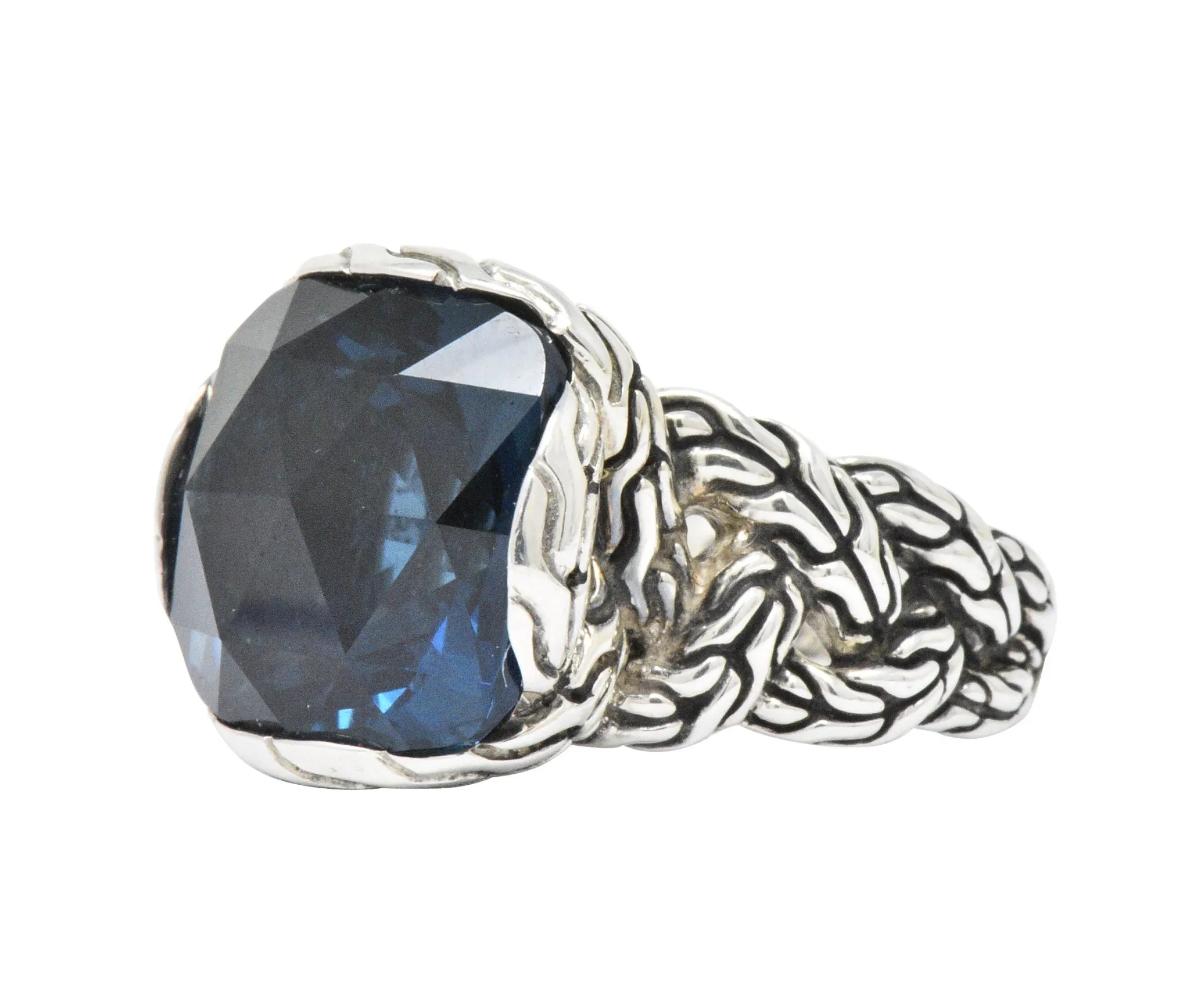 John Hardy Cushion Cut London Blue Topaz Chain Sterling Silver Ring