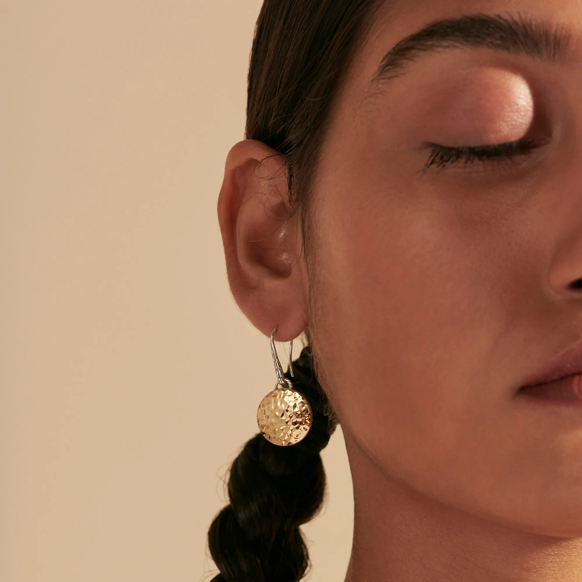 John Hardy Dot 18K Yellow Gold and Sterling Silver Round Drop Earrings with Palu Hand Hammering
