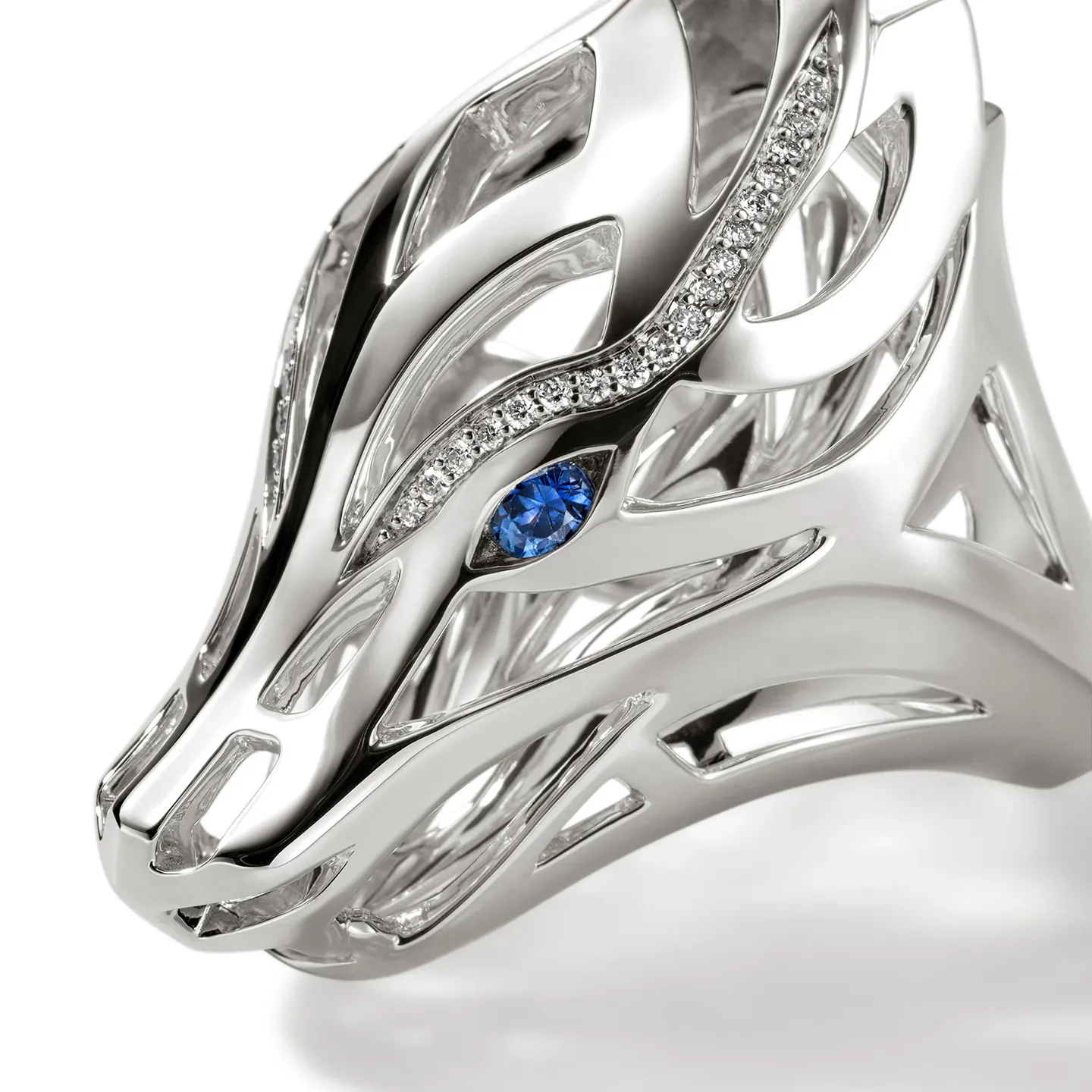 John Hardy Naga Sterling Silver Diamond and Blue Sapphire Saddle Ring