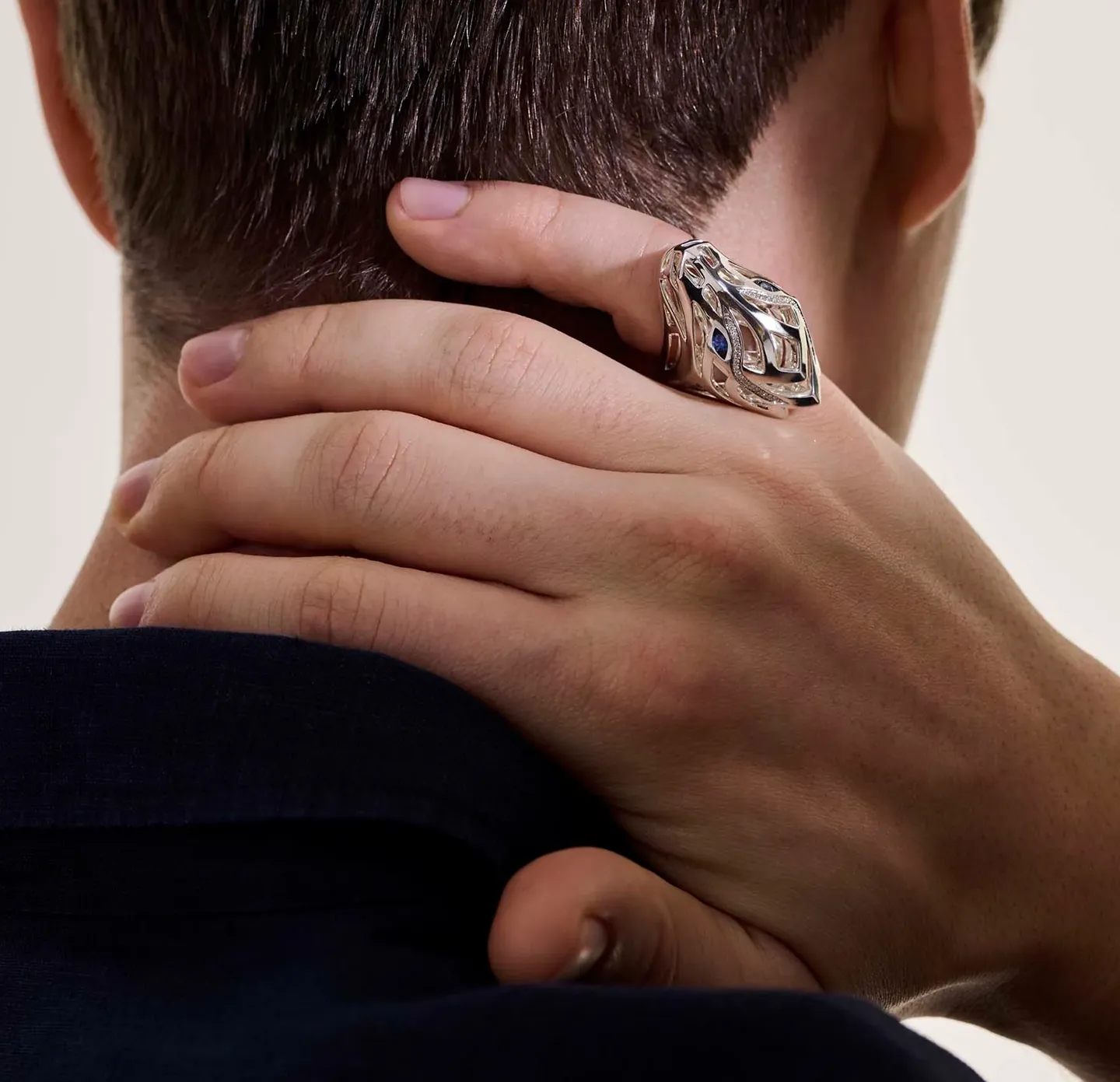 John Hardy Naga Sterling Silver Diamond and Blue Sapphire Saddle Ring