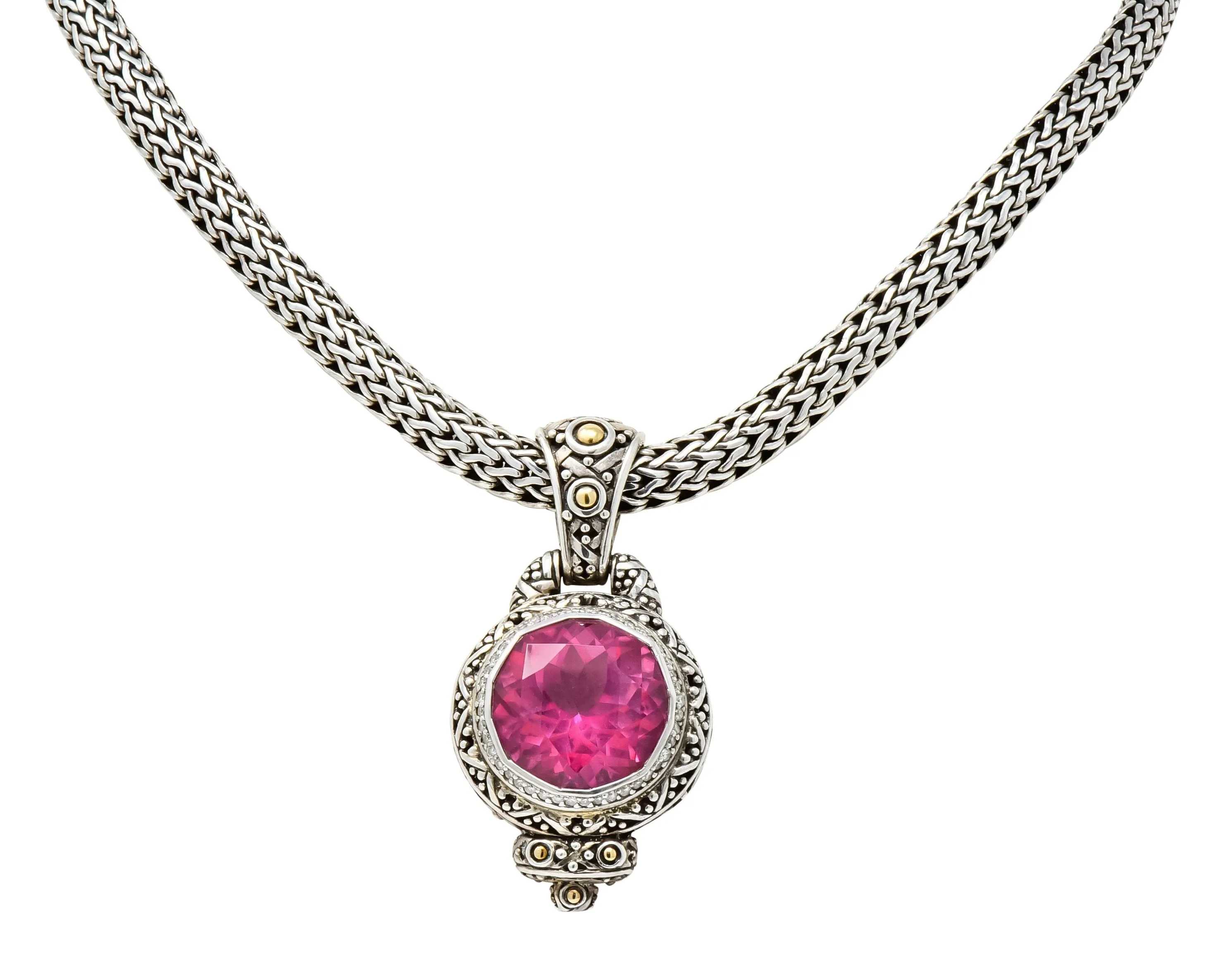 John Hardy Pink Topaz Sterling Silver 18 Karat Gold Batu Sari Naga Pendant Necklace
