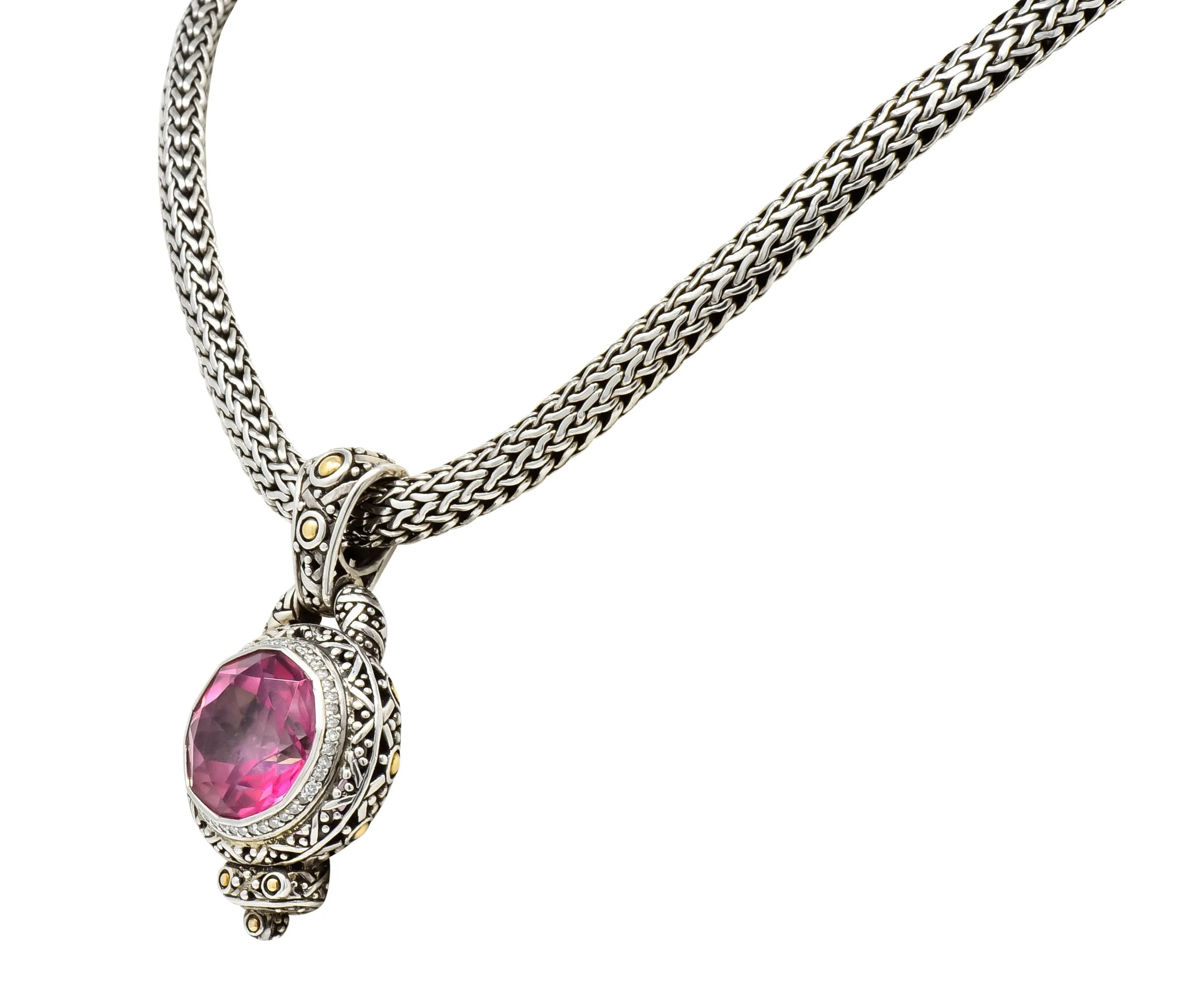 John Hardy Pink Topaz Sterling Silver 18 Karat Gold Batu Sari Naga Pendant Necklace