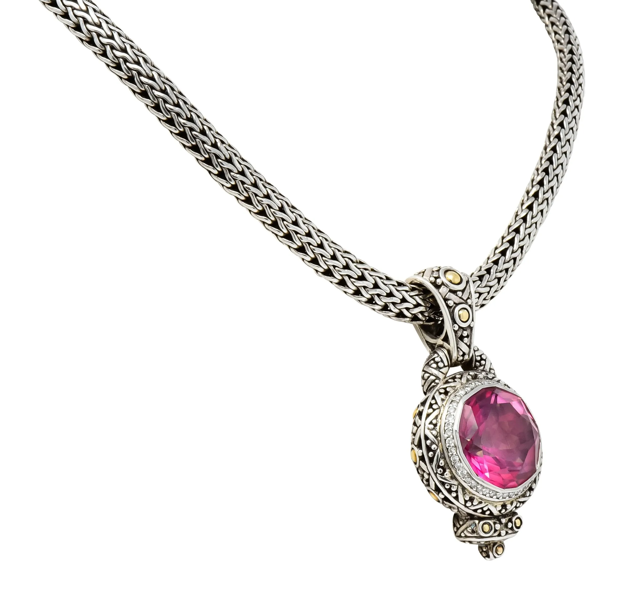 John Hardy Pink Topaz Sterling Silver 18 Karat Gold Batu Sari Naga Pendant Necklace