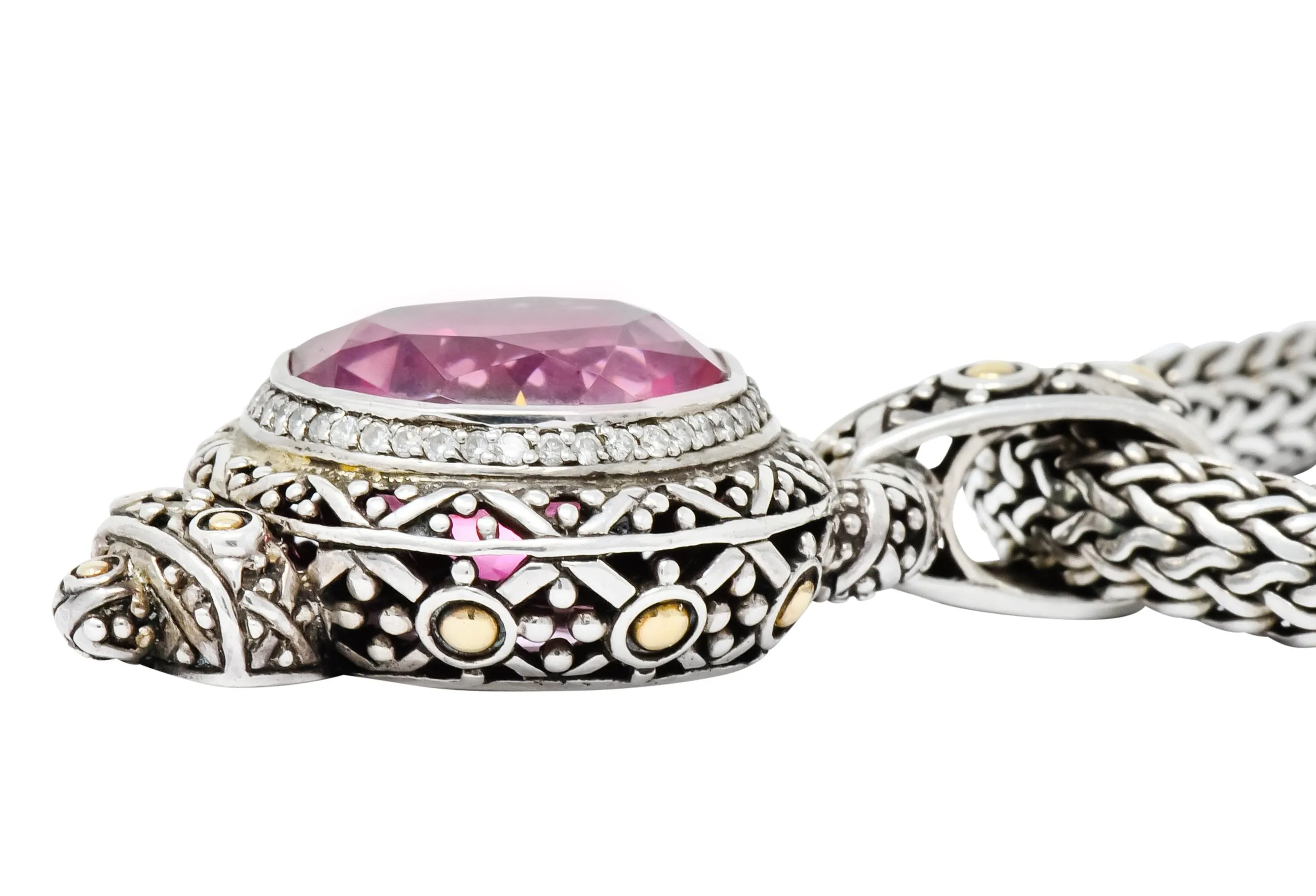 John Hardy Pink Topaz Sterling Silver 18 Karat Gold Batu Sari Naga Pendant Necklace
