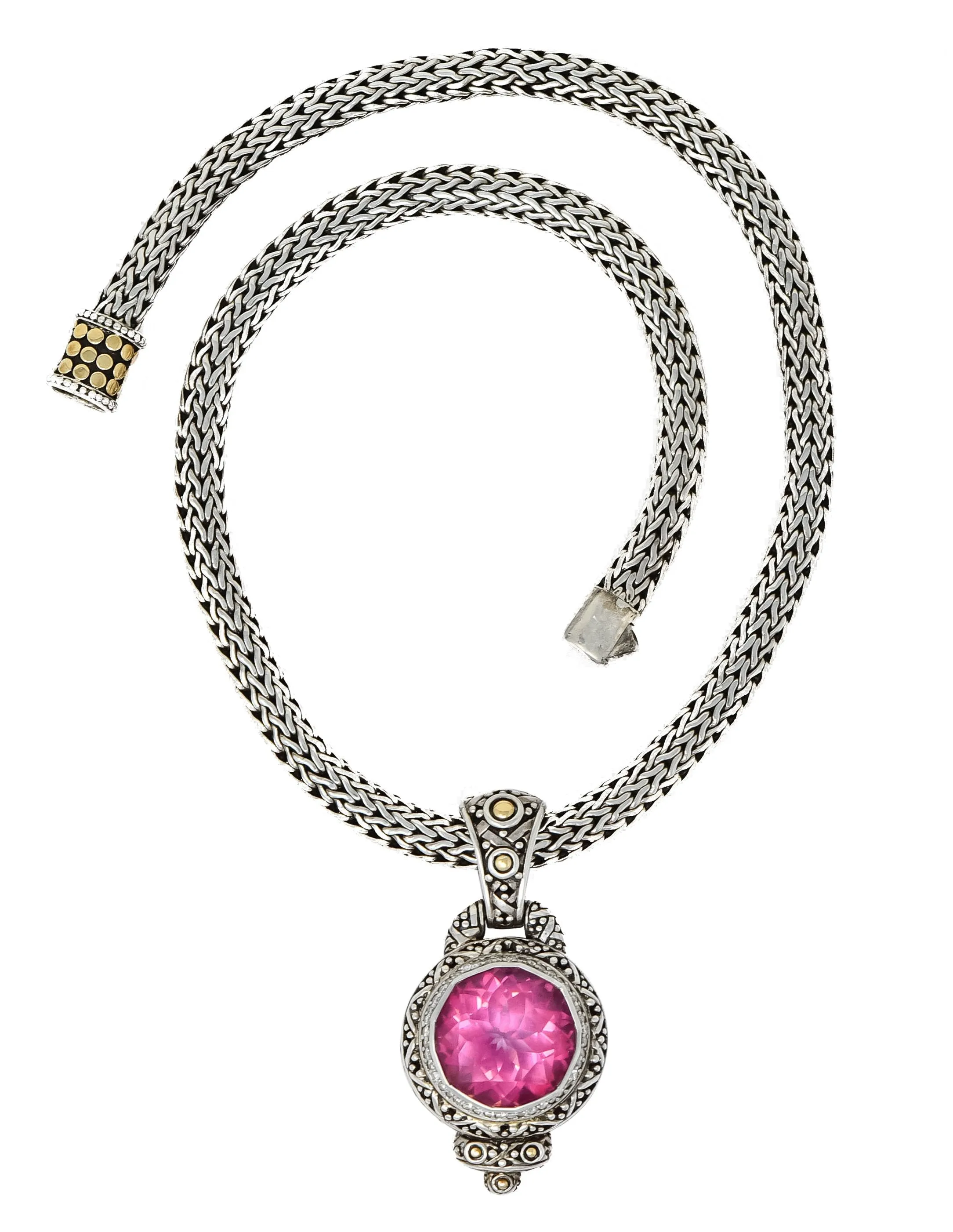 John Hardy Pink Topaz Sterling Silver 18 Karat Gold Batu Sari Naga Pendant Necklace