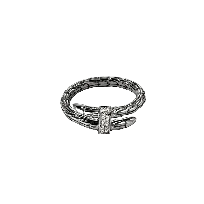 John Hardy Spear Sterling Silver Pave Diamond Coil Ring with Black Rhodium