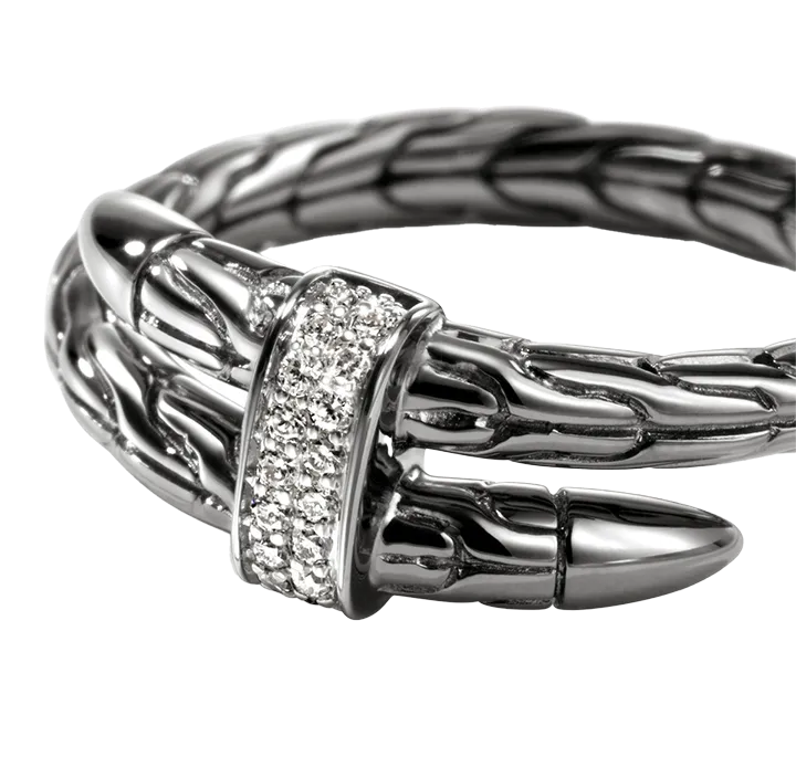 John Hardy Spear Sterling Silver Pave Diamond Coil Ring with Black Rhodium